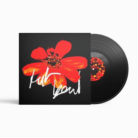 Der Text "Fab Soul" steht über einer großen roten Blume auf einem schwarzen Hintergrund. Rechts ist eine Schallplatte sichtbar.