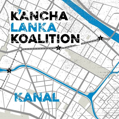 „KANCHA LANKA KOALITION“ und „KANAL“ stehen auf einer grafischen Karte mit blau markiertem Kanal und verbundenen Punkten.