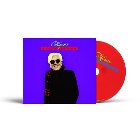 Text: "The Confuser Robyn Hitchcock". Person mit Sonnenbrille und Schal auf blauem Hintergrund, rote CD rechts.