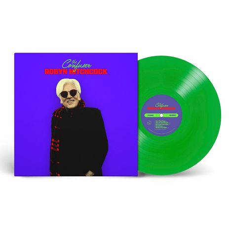 Cover: "The Confuser" und "Robyn Hitchcock" auf lila Hintergrund, zeigt Person mit Sonnenbrille. Grüne Vinyl-Schallplatte.