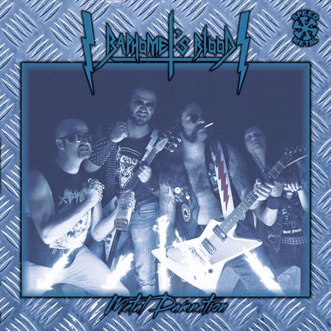 Text: "Baphomet's Blood", "Speed Metal", "Metal Damnation". Vier Personen mit Instrumenten und Flasche, in rauer Rockpose.
