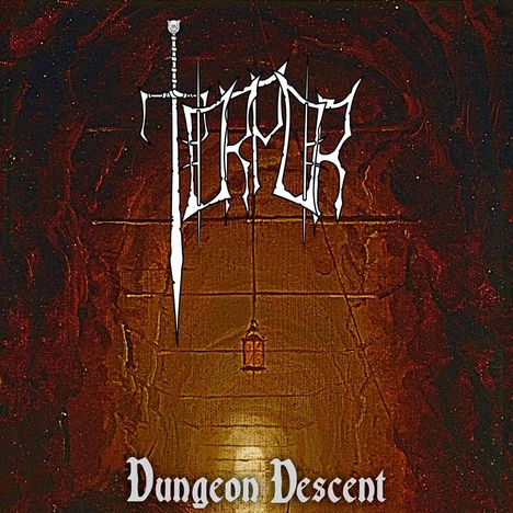 Text: "TORPOR" und "Dungeon Descent". Illustration eines dunklen, tunnelartigen Dungeons mit einer Laterne.