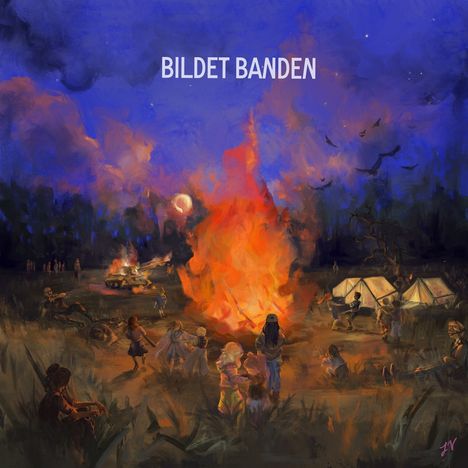 Text: "BILDET BANDEN". Illustration eines Lagerfeuers mit Menschen, Zelten, Bäumen und Vögeln im Abendhimmel.