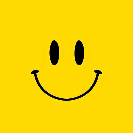 Ein gelber Hintergrund mit einem schwarzen Smiley-Gesicht: zwei ovale Augen und ein gebogener Mund.