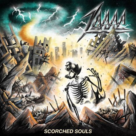 "Scorched Souls" in Weiß unten. Düstere, apokalyptische Szene mit Skeletten, Ruinen und Blitzen.