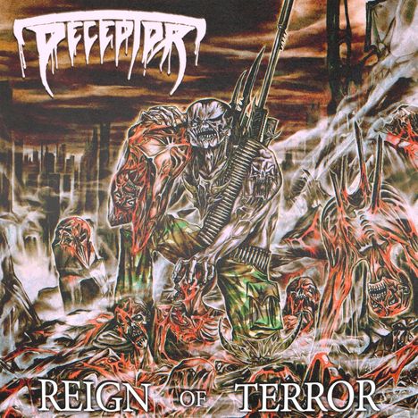 Text: "REECEPTR," "REIGN OF TERROR." Illustration von bedrohlichen Kreaturen in apokalyptischer Landschaft.