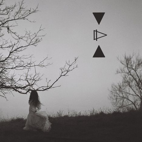 Drei schwarze geometrische Symbole schweben zentral, Bäume und eine Person in vorbeiziehendem Kleid bei Nebel.
