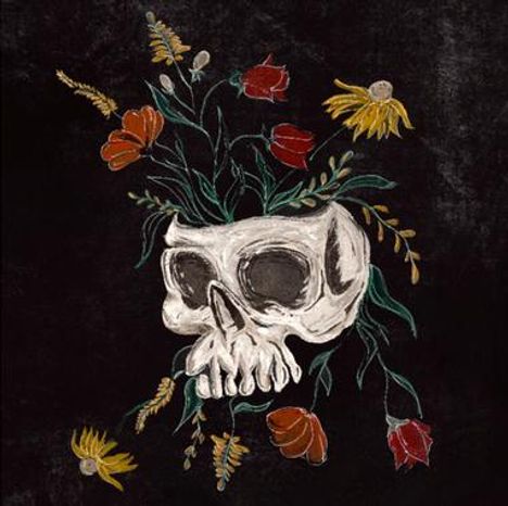 Illustration eines Totenschädels, aus dem bunte Blumen wachsen, auf schwarzem Hintergrund.