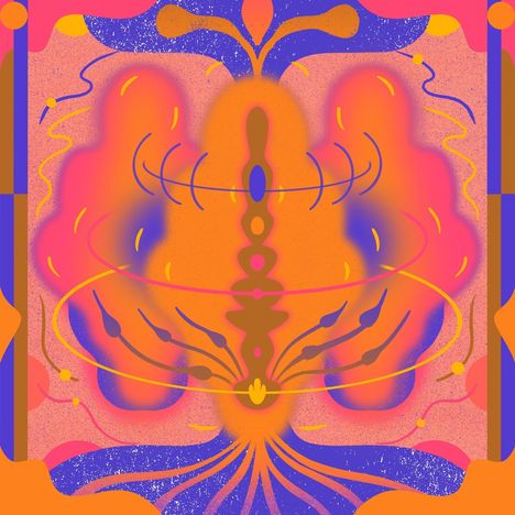 Keine Texte sichtbar. Abstrakte Illustration mit symmetrischen Formen in Orange, Pink, Lila und Gelb.