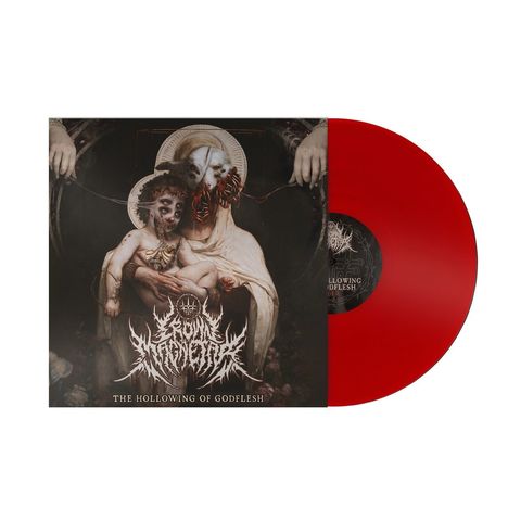„THE HOLLOWING OF GODFLESH“ steht unter einem detaillierten, dunklen Motiv. Rote Schallplatte daneben.