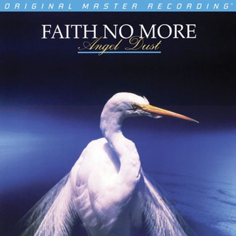 Text: "Faith No More - Angel Dust". Ein weißer Kranich vor dunklem Hintergrund.