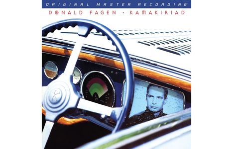 Titel: "Original Master Recording, Donald Fagen, Kamakiriad". Ein Armaturenbrett mit Lenkrad, Tachometer und einem Bildschirm.