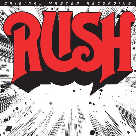 Text: "ORIGINAL MASTER RECORDING" oben, "RUSH" in großen roten Buchstaben unten. Illustration mit dynamischem Hintergrund.