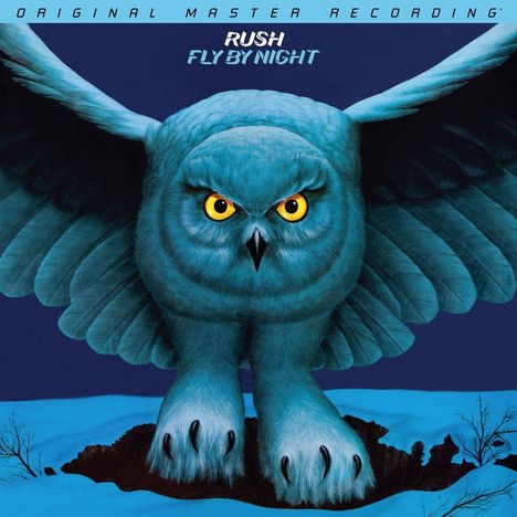 Text: "Original Master Recording", "Rush", "Fly by Night". Illustration einer Nachteule mit gelbem Blick, ausgebreiteten Flügeln.