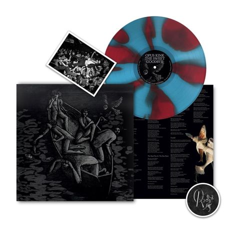 "OPUS KINK THE SWEET GOODBYE" steht auf einer blau-rot gemusterten Vinyl-Schallplatte. Darstellung von Figuren in einem Boot.