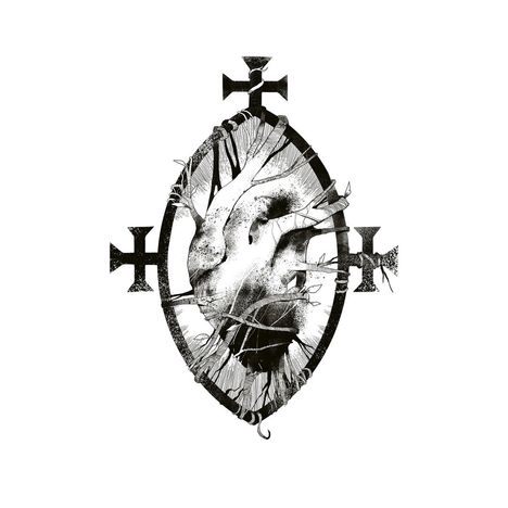 Schwarze, stilisierte Herz-Illustration mit Ästen und Kreuzformen in einem ovalen Rahmen.