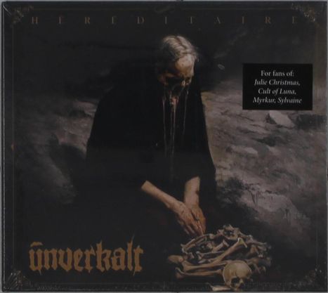 Heres: "unverkalt", "HEREDITAIRE", "For fans of: Julie Christmas, Cult of Luna, Myrkur, Sylvaine". Illustration: Person mit Knochen.