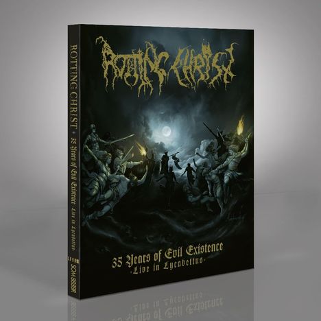 "ROTTING CHRIST" oben in stilisierter Schrift, "35 Years of Evil Existence - Live in Lycabettus" unten. Krieger im Mondlicht.