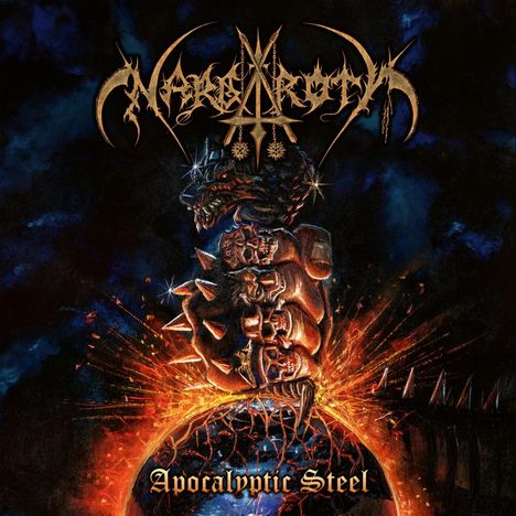 Text: "Apocalyptic Steel". Oberhalb ein barockes Logo, darunter eine Explosion mit einem gepanzerten, dämonischen Kopf.