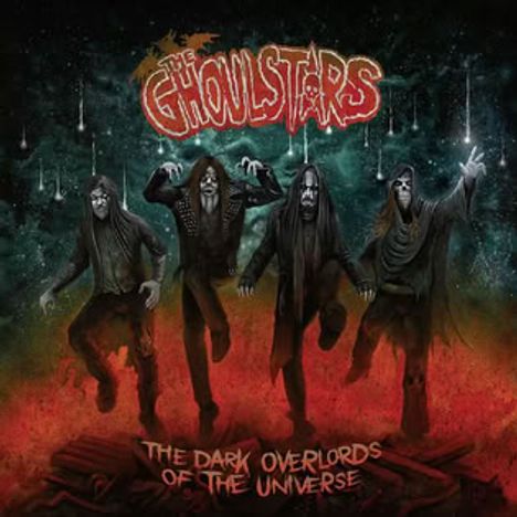 „The Ghouls Stars“, „The Dark Overlords of the Universe“. Vier finstere Gestalten marschieren in bedrohlicher Haltung.