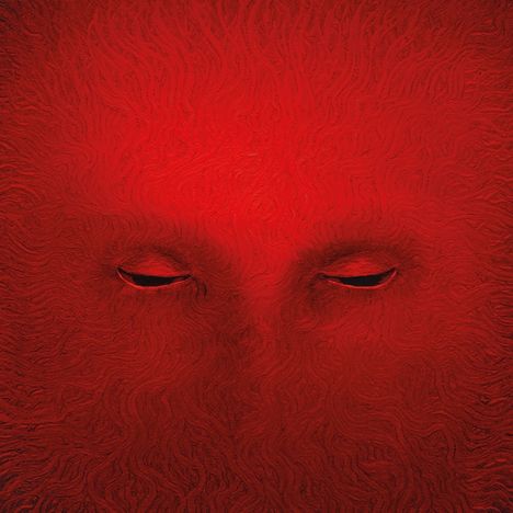 Zwei rote, geschlossene Augen auf einer texturierten roten Oberfläche, die wie ein Gesicht wirken.