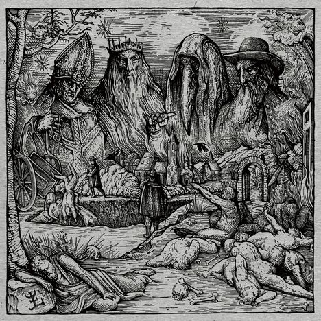 Illustration: Vier Figuren oben, darunter Stadtansicht, Menschen und Knochen verstreut, düstere Atmosphäre.
