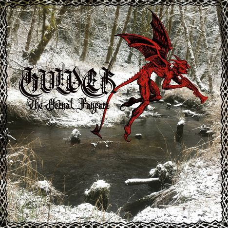 Text: "HULDER The Eternal Fanfare". Illustration: Roter Dämon mit Flügeln und Instrument im verschneiten Wald.