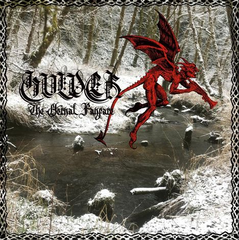 „HULDER The Eternal Fanfare“ in gotischer Schrift. Eine rote, geflügelte Kreatur spielt ein Horn über einem verschneiten Waldfluss.