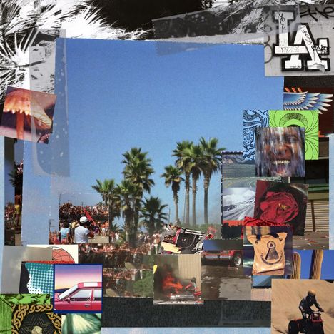 "LA" in Schwarz und Weiß-Stil. Collage mit Palmen, Menschen, Natur und urbanen Szenen. Bunte, lebhafte Details.