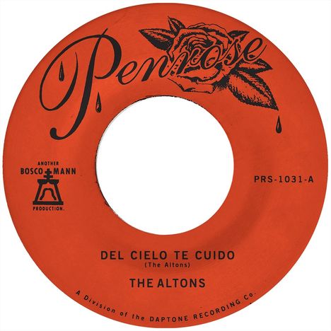 "Del Cielo Te Cuido (The Altons), THE ALTONS" auf orangefarbenem Vinyl mit Rose und Tropfen als Illustration.