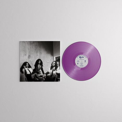 Text: "MADE IN THE USA T.K. DISCO". Lila Vinylplatte neben einem Schwarz-Weiß-Foto von drei Frauen, die sitzen.