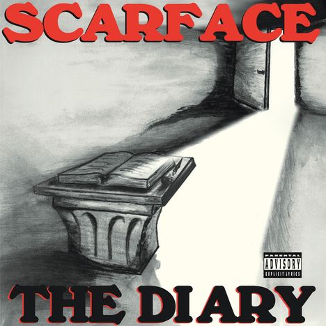 "SCARFACE" oben, "THE DIARY" unten in rot. Offenes Buch auf einem Podest in einem spärlich beleuchteten Raum.