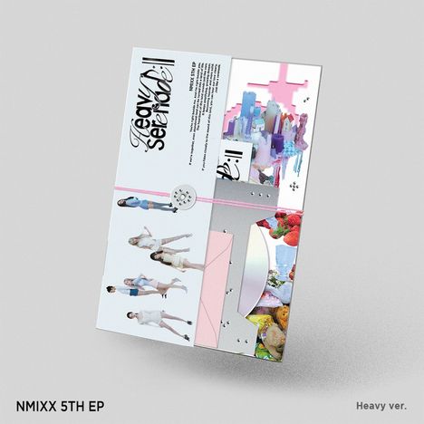 „NMIXX 5TH EP, Heavy ver.“ Eine Gruppe posiert modisch, umgeben von bunten, abstrakten Elementen und einem CD-Design.