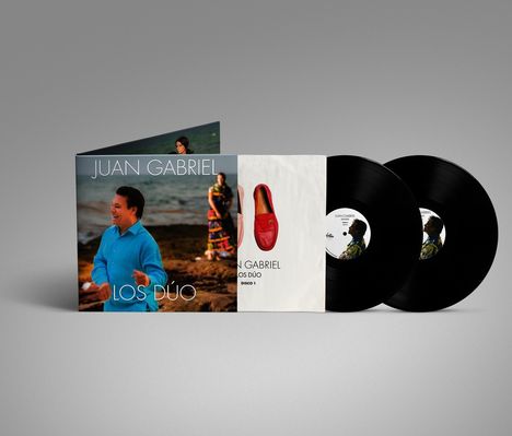 Text: "JUAN GABRIEL", "LOS DÚO". Zwei Schallplatten und ein aufklappbares Albumcover mit einer Person am Strand.