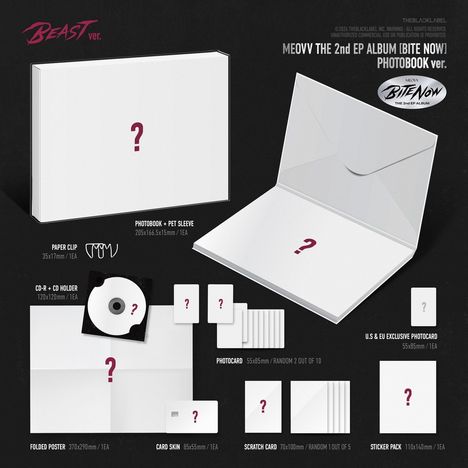 "BEAST ver. MEOVY THE 2nd EP ALBUM [BITE NOW] PHOTOBOOK ver." zeigt diverse Album-Inhalte wie Hülle und Poster.