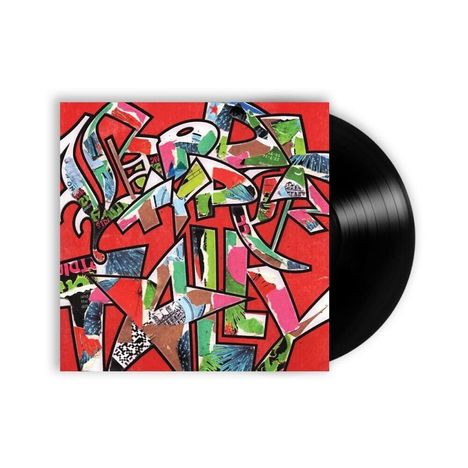 Bunte, abstrakte Buchstaben auf rotem Hintergrund in einem Nadelstreifenmuster. Rechts eine schwarze Vinyl-Schallplatte.