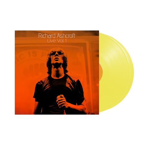 "Richard Ashcroft Live Vol 1", ein Mann mit Mikrofon vor orangefarbenem Hintergrund, gelbe Vinylplatte daneben.