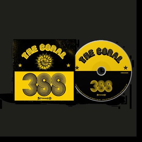 Text: "THE CORAL", "389", "STEREO". Design mit Sonnenmotiv und Sternen in Schwarz und Gelb. CD und Hülle.