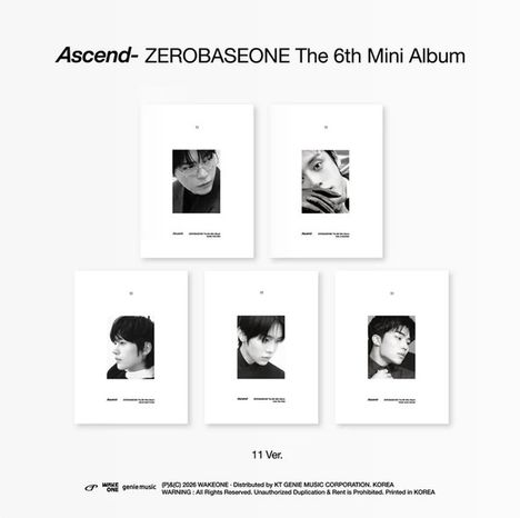 "Ascend- ZEROBASEONE The 6th Mini Album." Schwarz-weiße Porträts von fünf Personen auf weißen Hintergründen.