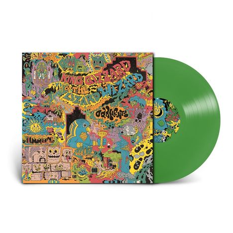 Bunter Vinyl-Schallplattencover mit psychedelischem Design. Der Text lautet „King Gizzard & The Lizard Wizard“. Grüne Schallplatte.