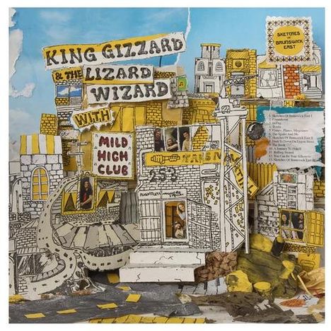 Collage mit Texten: "King Gizzard & The Lizard Wizard" und "with Mild High Club", bunte Häuser im Hintergrund.