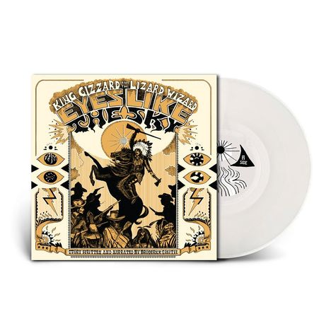 Albumcover mit Text "King Gizzard & The Lizard Wizard: Eyes Like the Sky". Western-Thematik, weiße Vinylplatte im Hintergrund.