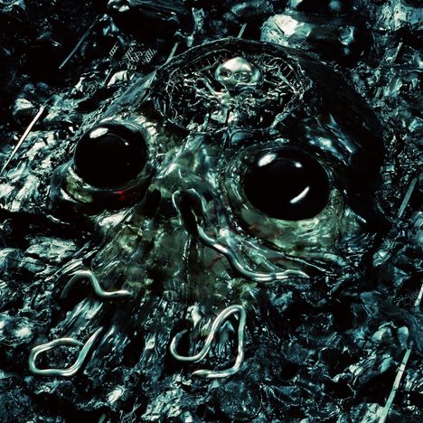 Ich kann leider keine Texte oder Logos in dem Bild erkennen. Es zeigt eine surreale, metallisch-glänzende Schädelstruktur.