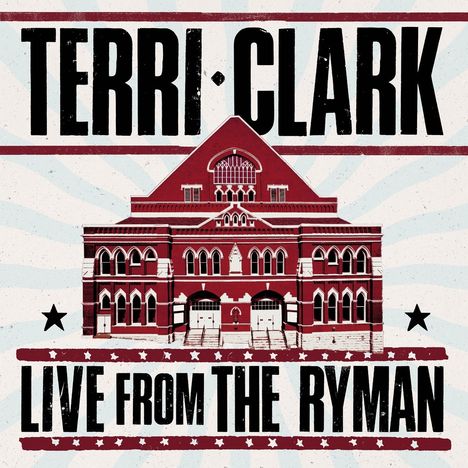 "Terri Clark, Live from the Ryman." Illustration eines roten Gebäudes mit einem detaillierten architektonischen Design.