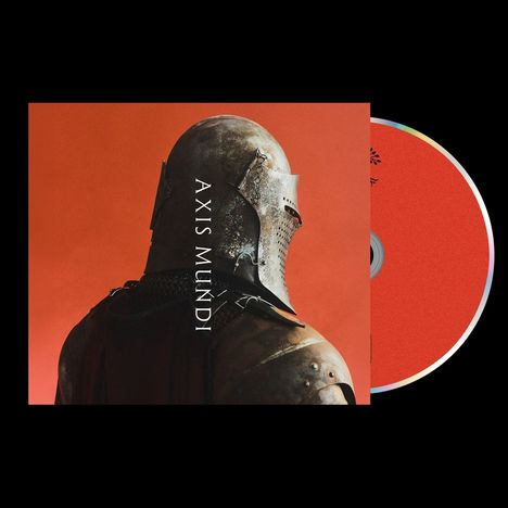 "A X I S  M U N D I" in weißer Schrift. Ein Ritterhelm vor rotem Hintergrund, daneben eine rote CD.