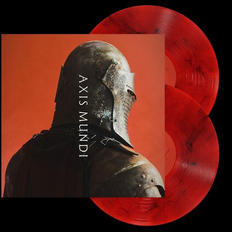 "AXIS MUNDI" steht vertikal. Ein Ritterhelm vor rotem Hintergrund. Zwei rote Schallplatten sind sichtbar.