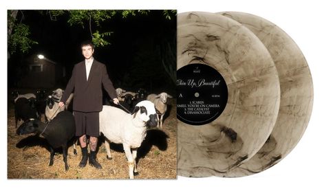 Texte: "1. ICARUS", "2. SMILE, YOU'RE ON CAMERA", "3. THE CATALYST", "4. DISSOCIATE".  
Person mit Schafen in der Nacht. Zwei Vinyl-Schallplatten.
