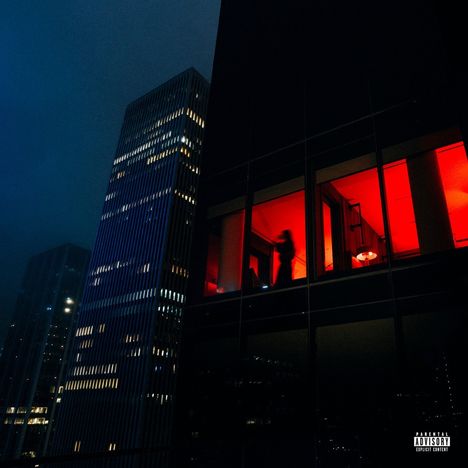 Parental Advisory: Explicit Content. Nacht, beleuchtete Hochhäuser, rotes Licht in einem Fenster, Silhouette einer Person.