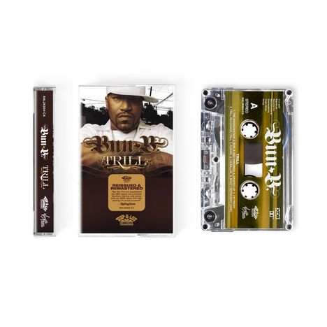 "Bun B Trill", "REISSUED & REMASTERED". Rechts eine Kassette, links ein Cover mit Foto eines Mannes.