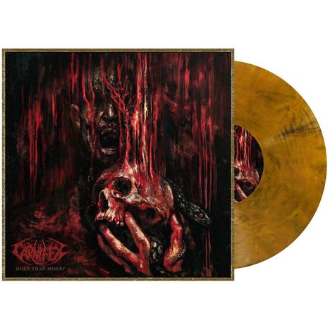 "More Than Misery" und "Carnifex" im Text. Illustration mit düsterem, roten Motiv, zeigt einen Schädel und dunkle Gestalten.